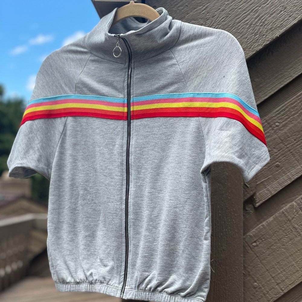 Tresics Heather Gray Short Sleeve Striped Zip-Up Track Jacket NWOT